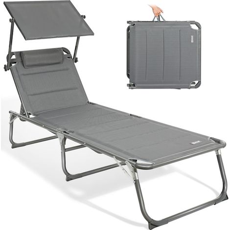 HOMECALL Gartenliege Sonnenliege AluLiege Liegestuhl Liege Klappbar, Textilene Mit Dickem Schwamm, Mit Verstellbare Rückenlehne, Sonnenblende, Kopfpolster, bis 180KG-Grau (1/5)