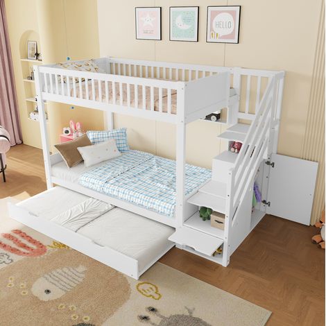 Etagenbett 90x200 cm Mit Stauraum-Treppe Weiß (1/5)