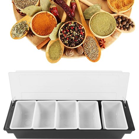 Schwarze, unterteilte Gewürz-/Obstschale mit Deckel, Obstbox, Vorratsbehälter, Gewürzregal mit 5 Fächern (1/5)
