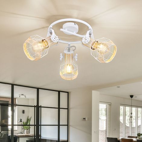 Globo – Plafonnier à spots orientables 3xE27 – Métal blanc et bois naturel – Diamètre 25 cm – Classe IP20 pour intérieur (1/5)