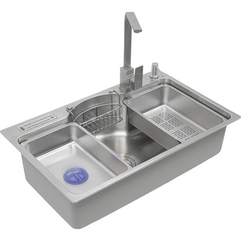 Évier de cuisine acier inoxydable 304 avec un bac inox distributeur de savon panier de vidange pour cuisine, pour Garages, Buanderies, Caves, Bars, Cuisines 78x22x48cm (Argent) (1/5)