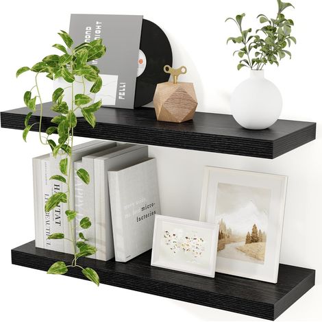 Lot de 2 Étagère Flottante, Bois MDF Noir, 60 cm Longueur, 23,5 cm Profondeur, Pour Salon Cuisine Bureau (1/5)