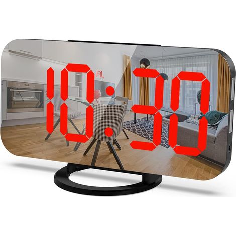 Reloj despertador digital, pantalla de 6,5" con atenuación, brillo ajustable, 2 puertos de carga USB (texto verde sobre fondo negro) (1/5)