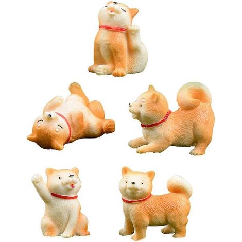 Ensemble de 5 figurines miniatures en résine représentant un chien Akita, style bonsaï. (1/4)