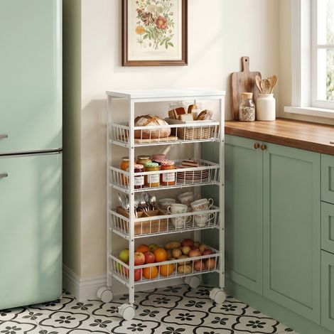 Étagère métallique blanche 4 niveaux avec paniers coulissants, rangement pratique pour cuisine et garage. (1/5)