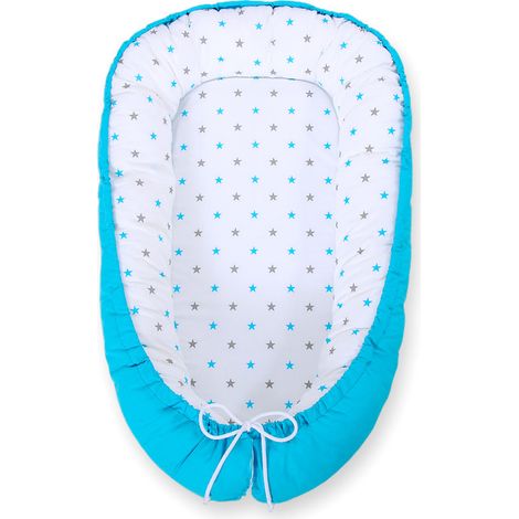 Coccolone per neonati, bifacciale, box, fasciatoio, Premium BOBONO - stelle grigio-turchese/turchese (1/4)