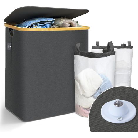 VOUNOT® Wäschekorb mit Deckel & Wäschesäcke 145L, Faltbarer Wäschesammler 2 Fächer, Grau (1/5)