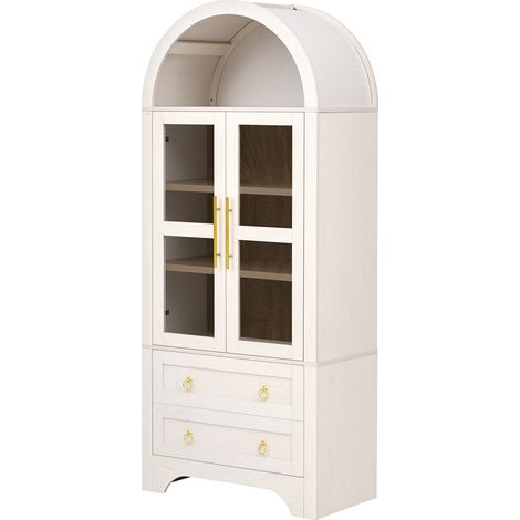 Buffet haut avec étagères réglables et tiroirs, meuble de cuisine en verre transparent et grand rangement, parfait pour salle à manger, salon et cuisine (Blanc) (1/5)
