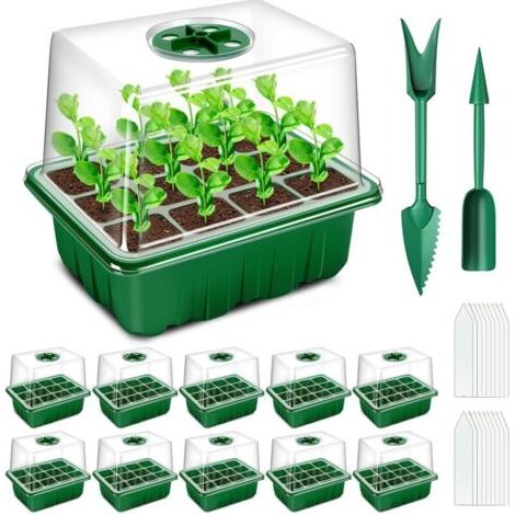 FENOPLASTICAMini Serre pour Plantes, 10 Pièces 120 Cellules Intérieure Plateau Semis avec couvercles rehaussés, Bac à semis Pépinière Boîte de Culture Durables, Vert (1/4)
