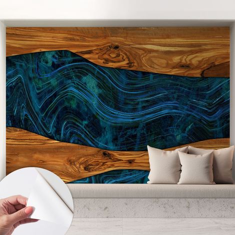 Selbstklebende Tapete modern Wohnzimmer - Wanddeko Schlafzimmer - Tapete mit Motiv Blaues Holz 208x146 cm