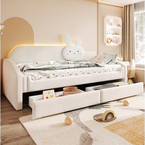 Lettino per bambini 90x200 cm imbottito con illuminazione a LED e 2 cassetti, letto singolo in velluto con schienale e braccioli, beige (1/5)