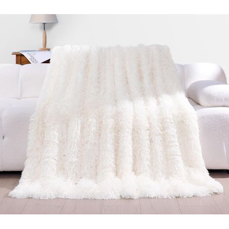 Couverture 160x200 cm, Plaid Polaire Super Douce et Duveteux, Fausse Fourrure Haute Qualité, Couvre-Lits et Canape, Blanc Crème (1/5)