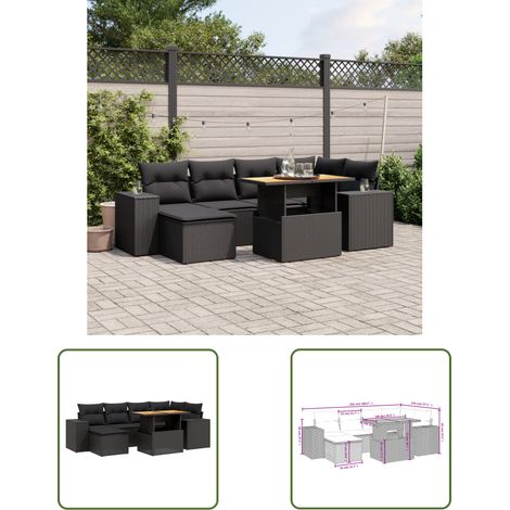 The Living Store 7-tlg. Garten-Sofagarnitur mit Kissen Schwarz Poly Rattan - Gartenmöbel Set - PE-Rattan Möbel - Outdoor Lounge - Gartenlounge - Terrassenmöbel (1/3)