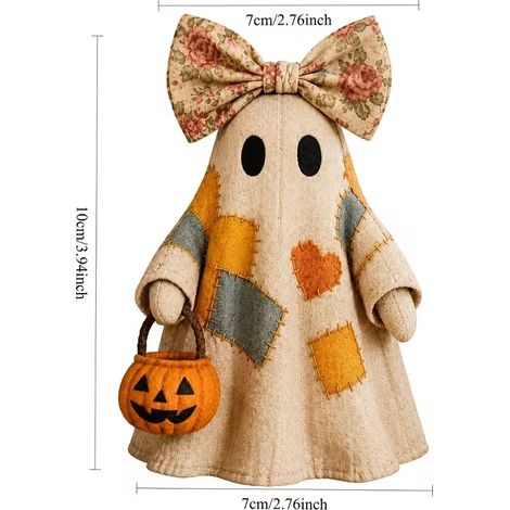 Décoration d'Halloween, Patchwork Vintage illuminé, fantôme fantôme avec lanterne citrouille, fantôme fantôme Vintage Patchwork rustique automne Figurine, cheminée étagère porche (1/5)