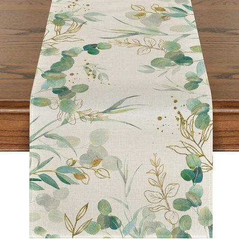 1 Chemin de table, motif feuilles vertes, lin durable, 33x180cm, pour mariage fête salon (1/5)