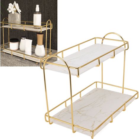 Étagère de Rangement Cosmétique 2 Niveaux Grande Capacité Étanche en Métal Doré pour Salle de Bain, Cuisine, Chambre