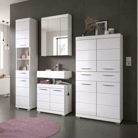 Armoire de toilette + 3 meubles blanc brillant - KAN (1/5)