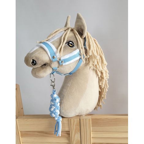Ensemble Hobby Horse : Licol A3 avec fourrure blanche + longe en corde - Blanc et bleu