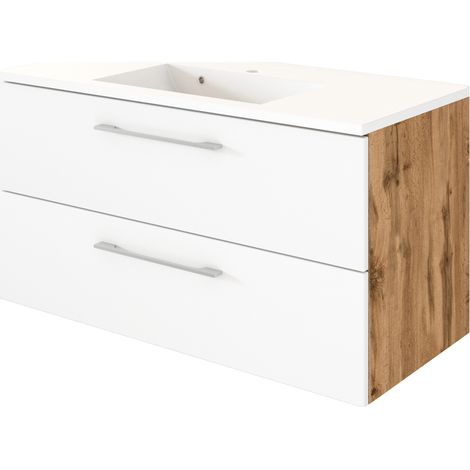 Waschtischunterschrank inkl. Mineralgusswaschbecken LOUNY-03 in Wotaneiche Nb. mit matt weiß, B/H/T: ca. 100/54/48 cm (1/3)