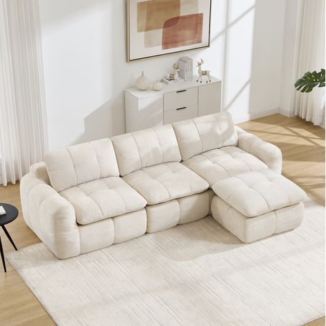 Canapé d'angle modulable 3 places en chenille, assise confortable de 54 cm, design matelassé, base antidérapante, sans montage, pouf inclus, beige (1/5)