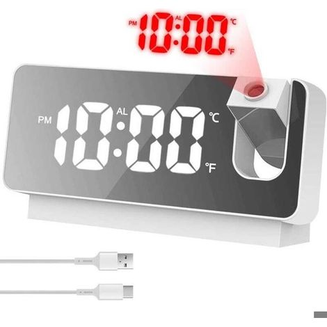 Réveil miroir numérique avec projection et affichage de la température, grand écran LED, fonction USB, boîtier blanc et rétroéclairage (1/5)