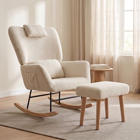 Fauteuil à bascule avec tabouret, rocking chair allaitement, polaire sherpa, pieds bois massif, coussin lombaire, appui tête, 75x75x92cm, Beige (1/5)