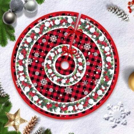 90cm Jupe Sapin de Noël, Couvre Pied, Arbre Decoration, Joyeux Tapis pour Couronne en Treillis Rouge (1/4)