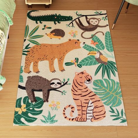 Tapis polaire motif jungle, blanc crème et multicolore, facile d’entretien, pour une ambiance ludique et cosy (1/5)
