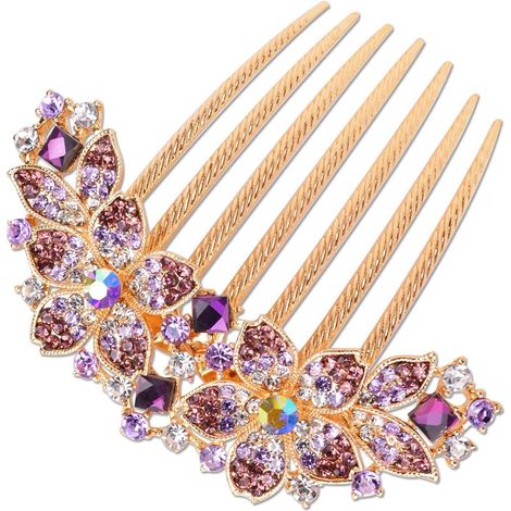 JeiibrZui Damenhaarkamm, verziert mit Blumen und Strasssteinen – 9,7 x 9,3 cm – 1 Stück – Dekoratives Accessoire – Lila – Ideal für Bräute, Partys oder Galas (1/5)