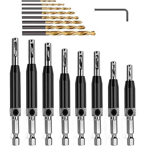Kit de 17 forets à charnière, forets auto-centrants HSS, poinçon pour bois, porte, fenêtre, armoire, tiroir (5/64'' - 1/4'')
