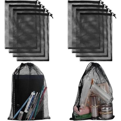 10 Pcs Mesh Drawstring Bags, Black Mesh Bags with Drawstring, Nylon Net Bags with Drawstring for Sports, Travel, and Activities (1/4)