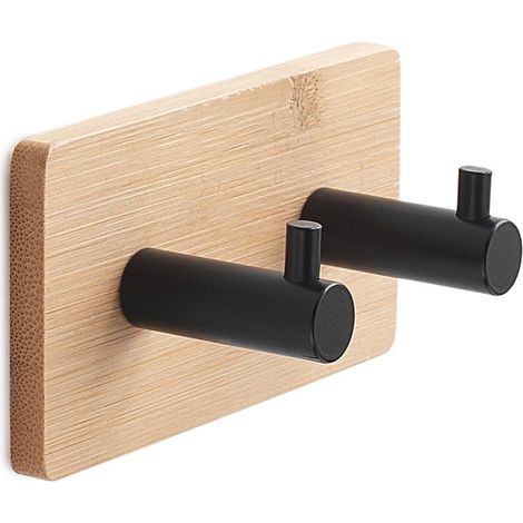 Perchero Adhesivo De Madera De Bambú Natural Y Metal Negro (1/5)