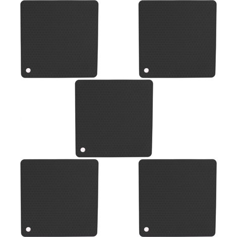 Lot de 5 dessous de plat carrés en silicone résistant à la chaleur et antidérapant, de forme alvéolée, pour plan de travail de cuisine, noir. (1/5)