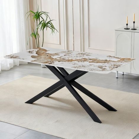 Tavolo Rettangolare Star 180x90 in Ceramica Effetto Marmo Bianco Pandora Brown Lucido con Struttura in Metallo Nero
