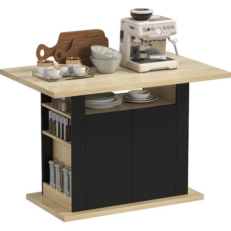 Table à manger îlot central cuisine avec grand plan de travail, rangement 4 portes, 4 personnes, noir (1/5)