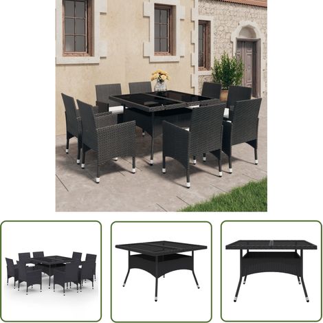 The Living Store Ensemble à Manger de jardin 9 pcs Résine tressée et verre Noir - Salon De Jardin - Mobilier De Jardin - Ensemble Repas Extérieur - Table Et Chaises Jardin - Table Basse Jardin (1/5)