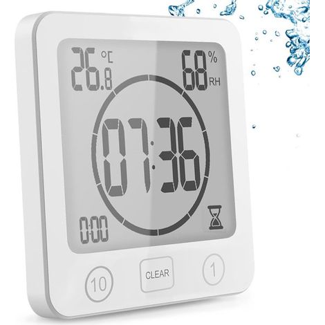 Reloj de baño,temporizador digital para ducha con ventosa,reloj de ducha impermeable con higrómetro y termómetro,alarma digital LCD,blanco (1/5)
