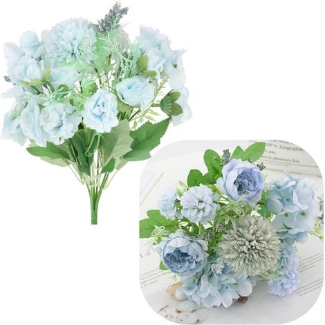 Bouquet di fiori artificiali di crisantemi e rose per composizione in vaso da 32 cm - Blu (1/5)