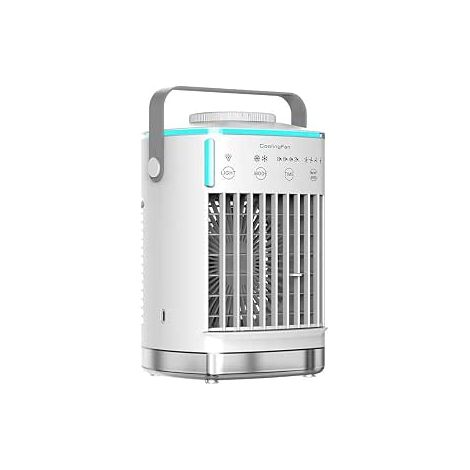 Refroidisseur d'air portable, mini climatiseur 4 en 1, 2 brumes froides, 4 vitesses de vent, 7 lumières RVB et minuterie, ventilateur de refroidissement à usage personnel pour la maison, le bureau, la (1/5)