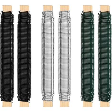 Lot de 6 fils de fleurs, 0,7 mm x 40 m, fil de liaison, fil enroulé, pour travaux manuels, arrangements floraux, décoration et jardinage, galvanisé, vert / noir / argenté (1/5)