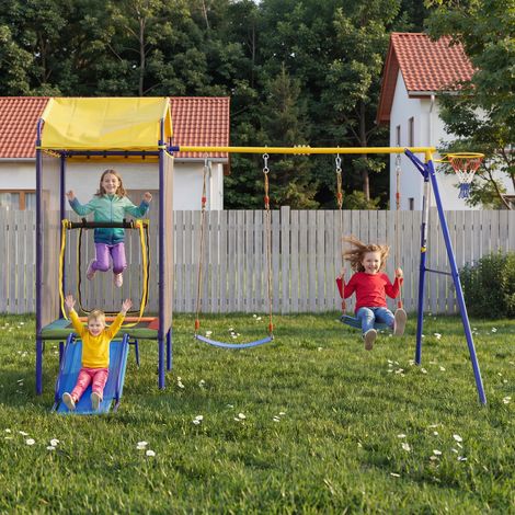 4-in-1 Outdoor-Spielplatz für Kinder, Trampolin, Doppelschaukel und Rutsche (1/5)