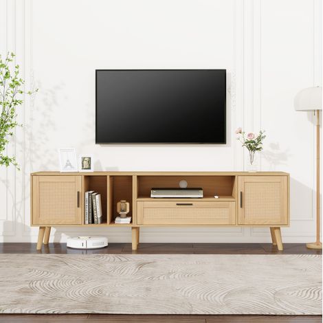 Meuble TV 180 cm avec décoration en rotin, 2 portes, 1 tiroir, coloris chêne DESVIAE (1/5)