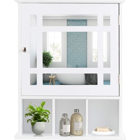 GOPLUS Armoire de Salle de Bain Murale, Armoire de Toilette Suspendue avec Miroir, Porte, 3 Compartiments et 1 Couche Ajustable pour Salle de Bain, Cuisine, Chambre a Coucher 50 x 16 x 61 CM Blanc (1/5)