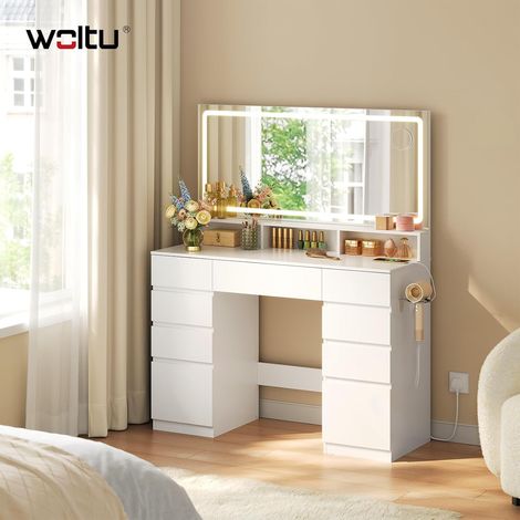 WOLTU Dressing Table with 5x Magnifying Mirror, 9 Drawers Vanity Table with 3 colors LED Light, Vanity Desk with for Girls White (1/5)