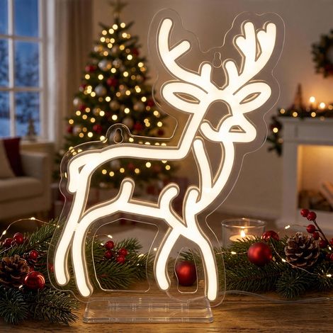 Neon Effekt Rentier Leuchte weiß mit USB Anschluss - 27 x 20 cm - Dekoleuchte Hirsch warmweiß zum Hängen oder Stellen