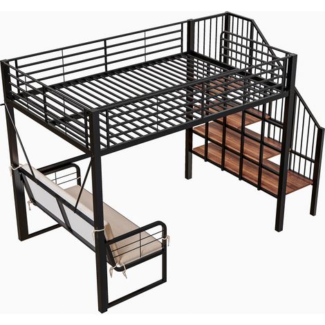 Letto a soppalco in metallo 140 x 200 cm nero con divano rimovibile, contenitore e scala sicura (1/5)