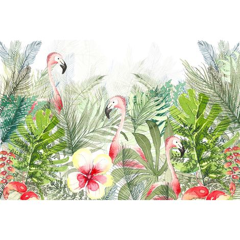 Papier peint panoramique zen nature calme | Tapisserie panoramique aquarelle à motifs animaux salon | Papier peint panoramique vert et rose moderne - 267 x 400 cm (4 pièces) (1/2)
