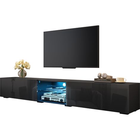 Meuble TV avec portes laquées brillantes, éclairage LED multicolore contrôlable par application, banc TV avec étagère transparente, long meuble de rangement pour salon, buffet moderne pour (1/5)
