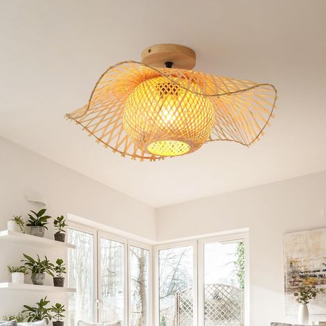 Plafonnier Bambou Tissé,Boho Luminaires Intérieur E27 Suspension Rotin Pour Cuisine,Plateau Supérieur En Bois,Décoration Lustre Salon Pour Chambre Restaurant,48Cm (1/5)