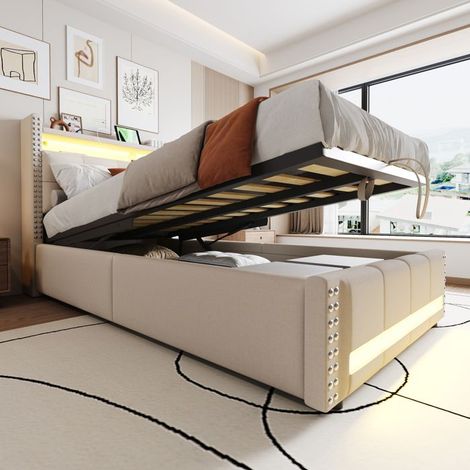 Lit enfant rembourré 90x200 cm avec LED, port USB et rangement hydraulique - beige (sans matelas) (1/5)
